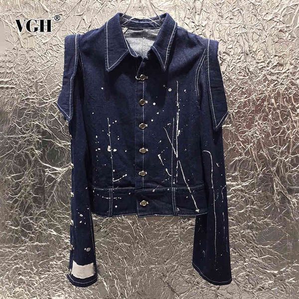 

hollow out casual jacket for women lapel long sleeve print hit color denim jackets female fashion clothing spring 210507, Black;brown