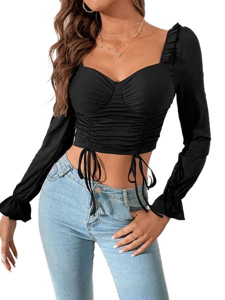 

solid drawstring crop tee c9ur#, White