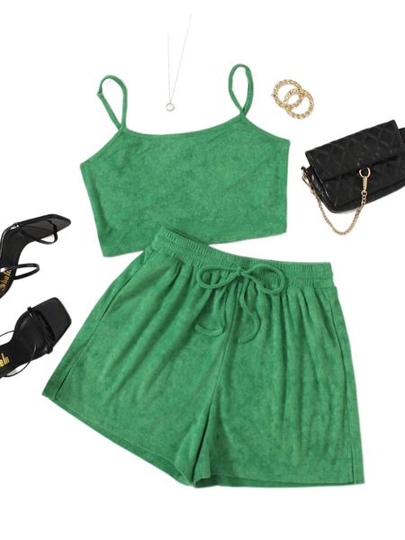 

solid cami & drawstring waist shorts set t6ht#, White