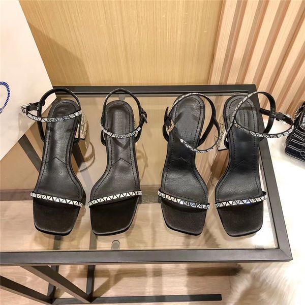 

sandals women's black thick heels europe and the united states spring and summer 2022 new rhinestone one-word strap women
