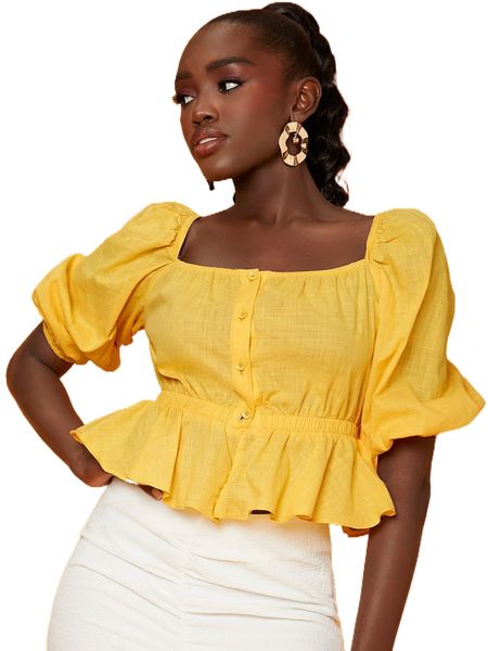 

newness puff sleeve half button peplum blouse u4vq#, White
