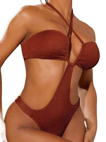 

textured criss cross cut-out halter one piece swimsuit d0jb#, White;black