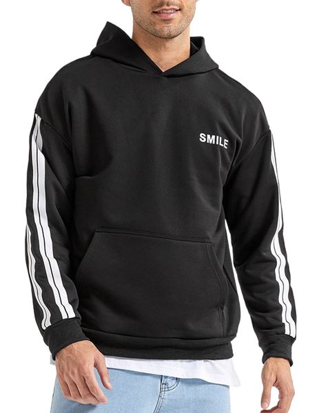 

men letter graphic contrast sideseam kangaroo pocket hoodie e3zt#, Black