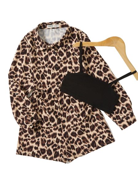 

girls leopard print blouse & solid cami & shorts 31q4#, Black;white