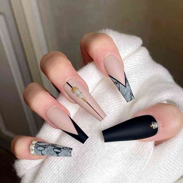 

false nails 24pcs wearable long coffin armor snake print pearl press on ballet stick fake tips full cover acrylic 0616