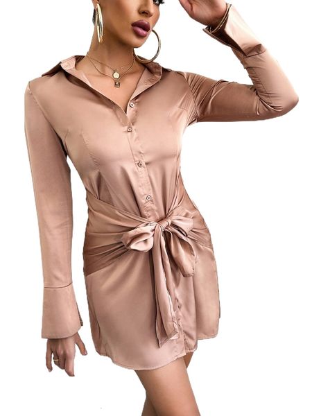 

single breasted knot front shirt dress y5v8#, Black;gray