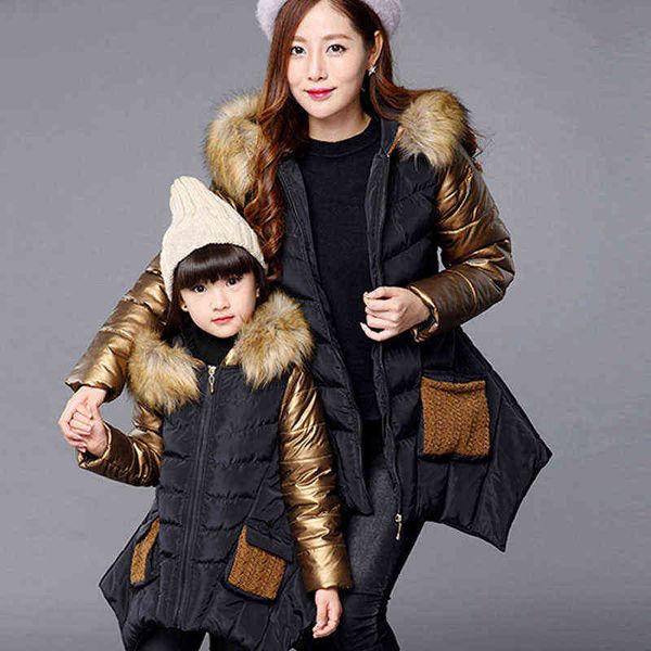 

2-10yrs baby girls winter jacket children down jacket fur hood collar stitching fashion thick warm girls outerwear jacket dress j220718, Blue;gray