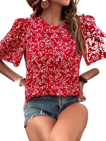 

ditsy floral print puff sleeve blouse i7mf#, White