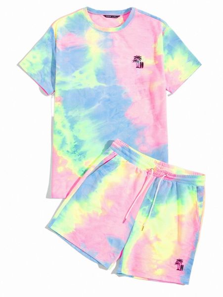 

men tie dye tropical embroidered & shorts set a89p#, Gray