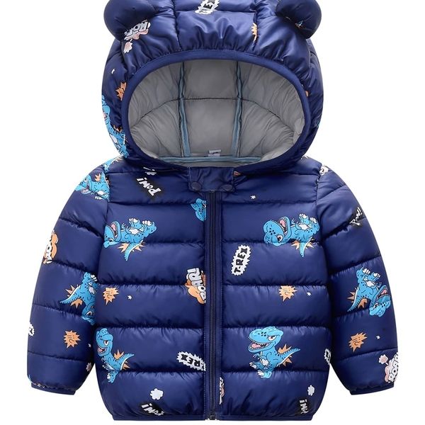 

baby letter & dinosaur print 3d ear patched hooded puffer jacket she01, Blue;gray