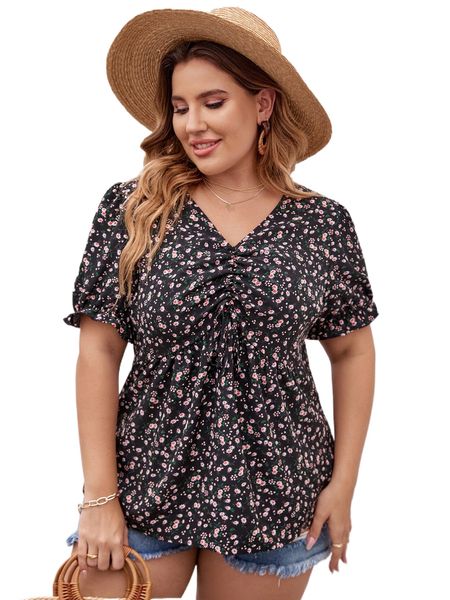

plus ditsy floral print puff sleeve drawstring peplum blouse a623#, Black