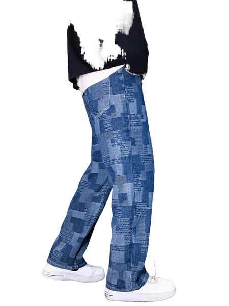 

men slant pocket straight leg geo print jeans h7q3#, Blue