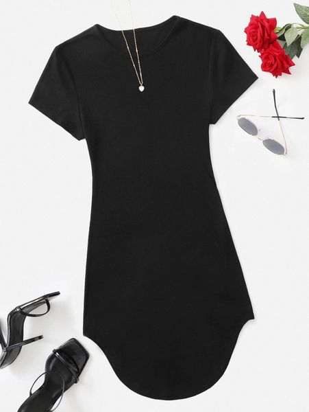 

solid asymmetrical hem tee dress h67y#, Black;gray