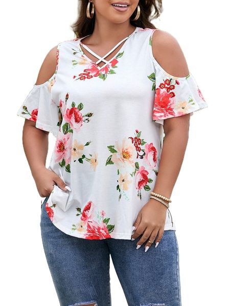

plus floral print cold shoulder crisscross tee 62tv#, Black