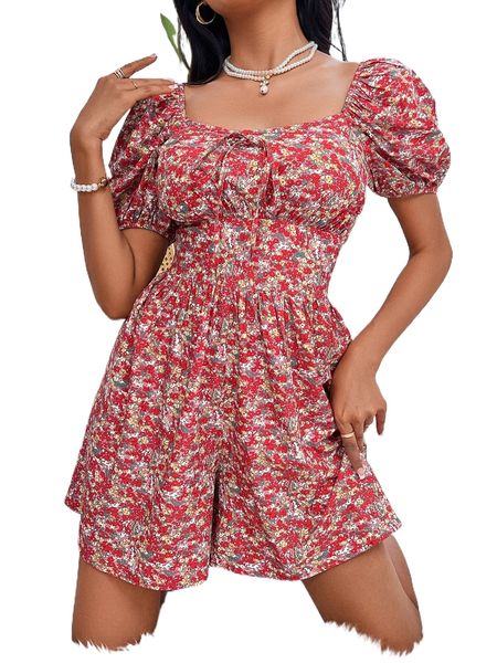 

ditsy floral puff sleeve tie front square neck romper 17ev#, Black;white
