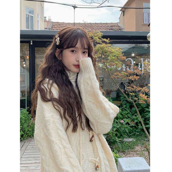 

women's knits & tees net red with autumn and winter knitted cardigan women's loose, lazy versatile hooded sweater coat z57w, White