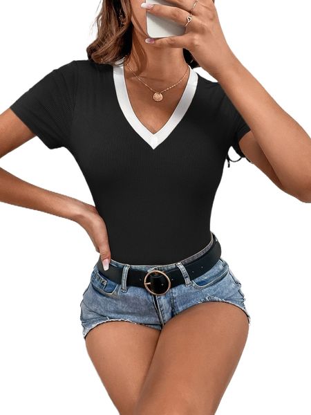 

contrast trim rib-knit tee t56q#, White