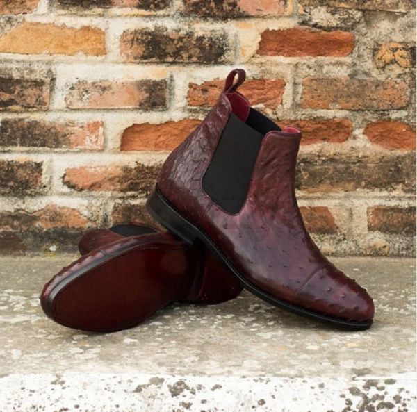 

boots designer men's red ostrich chelsea boot low heel round head men side elastic belt classic large size 38-48, Black