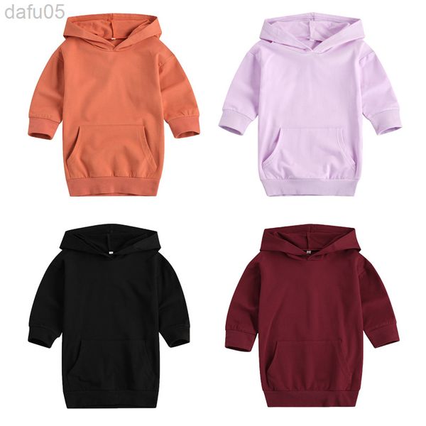 

focus norm autumn fashion kids girls hoodies dress outfits 1-5y solid sweater pocket long length straight dress 4 colors l220808, Black