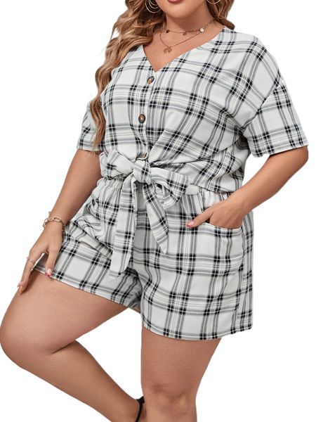

plus plaid print drop shoulder knot front blouse & shorts z8re#, Black
