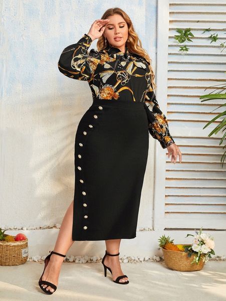 

plus chain print tie neck & button side skirt set e95d#, Black