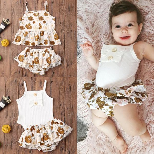 Giyim setleri 0-24m bebek yaz bebek doğumlu kızlar 2pcs set kıyafetler şeritli yelek romper/çiçek üstleri gömlek elbise şort
