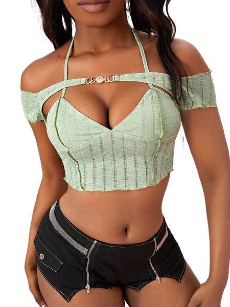 

rhinestone detail cold shoulder tie back crop tee j5t1#, White