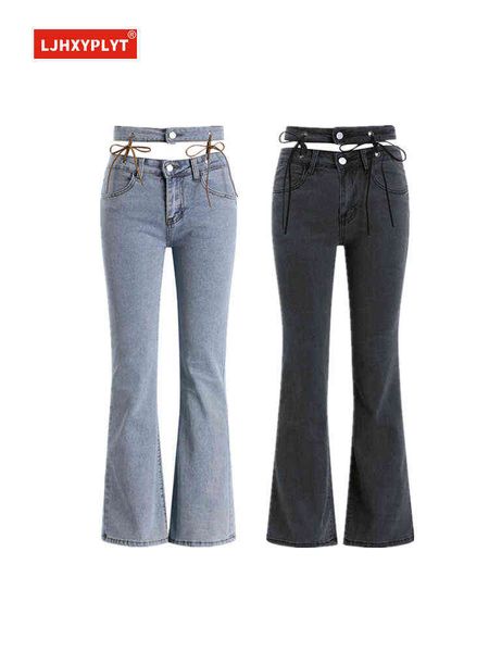 

double-waisted hollow lace-up blue jeans women's summer new high-waisted slim micro-flare plain trousers female grey denim pants t22072