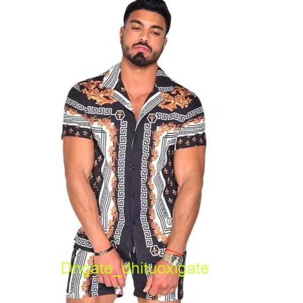

summer luxury mens tracksuit hawaiian sets t-shirts printing fashion men swim short sleeve button shirts beach shorts streetwear casual shir, Gray