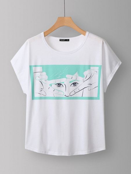 

plus cartoon figure graphic batwing sleeve tee g9cy#, Black