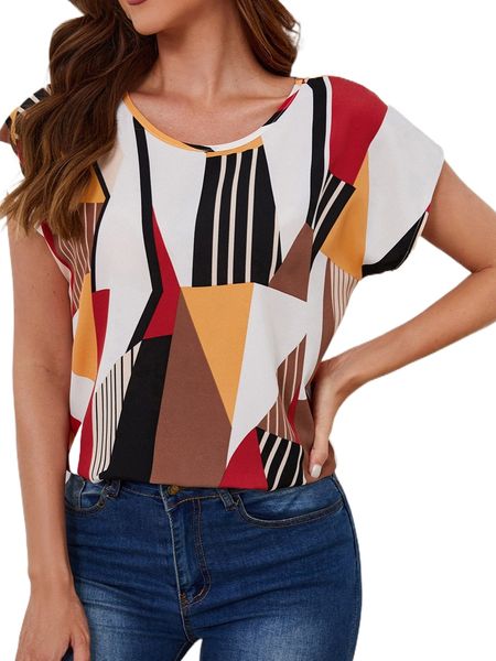 

geo print batwing sleeve blouse j8a5#, White