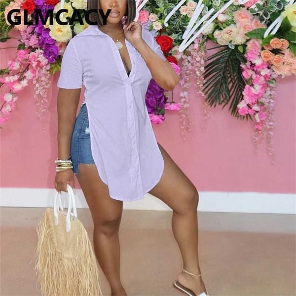 

short sleeve solid slim button down shirt side slit blouses 210702, White