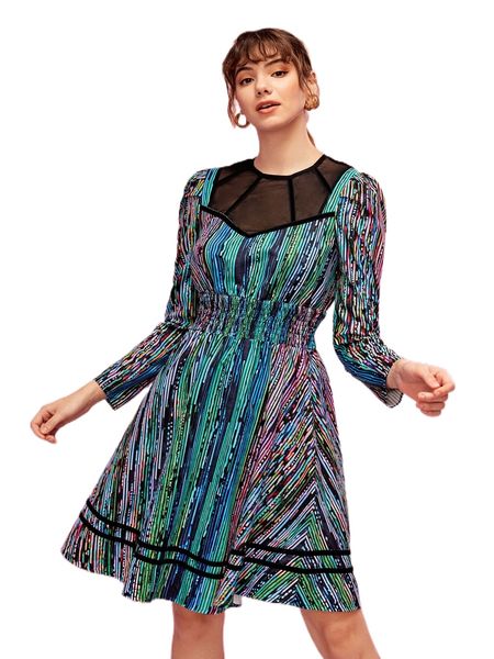 

x claire-lys graphic print mesh insert puff sleeve shirred waist dress f7zr#, Black;gray