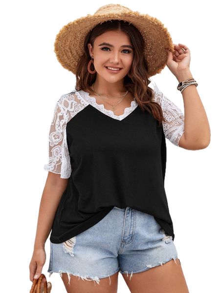 

plus contrast lace tee q38u#, Black