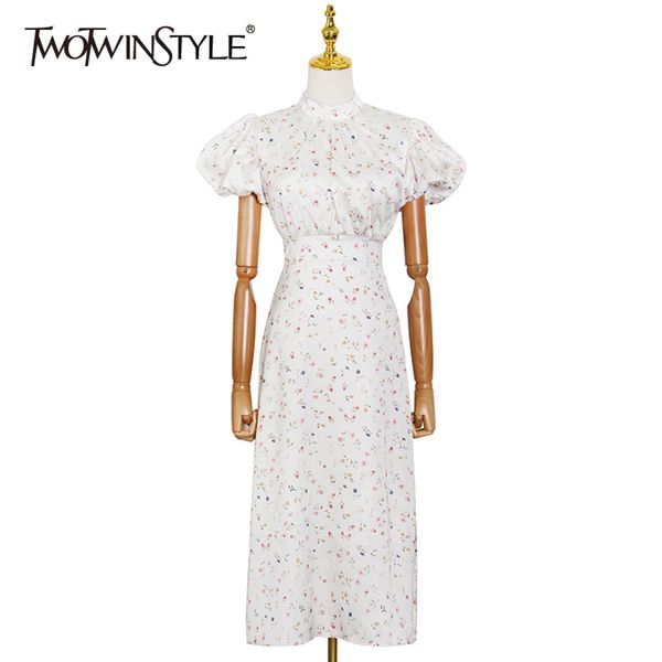 

vintage print floral dress for women stand collar puff sleeve high waist hit color elegant dresses female fashion 210423, Black;gray