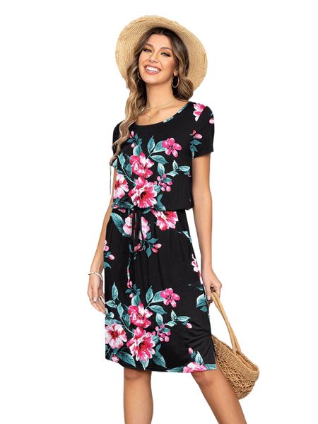 

dearcase floral print knot front dress m7p2#, Black;gray