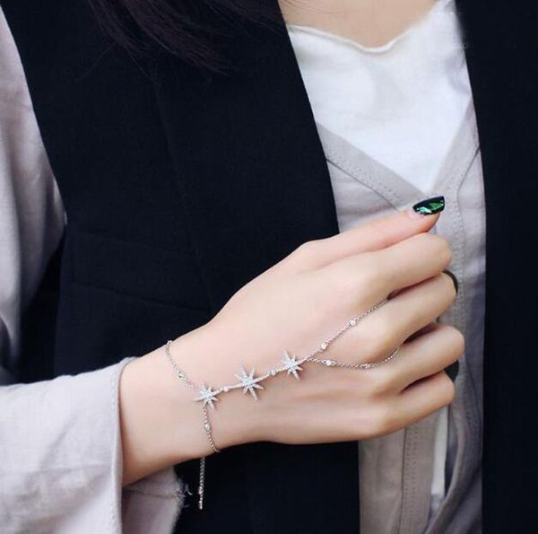 

bangle fashion finger wrist complex chain adjustable micro mosaic premium zircon stars siamese bracelet for women jewelry, Black