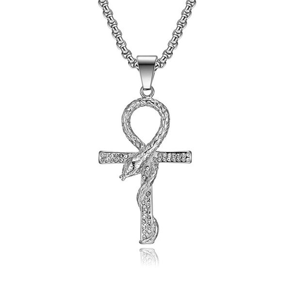 

stainless steel pendant religious gold snake agypt ancient egyptian the symbol of life pharaoh coptic ankh anka chain pendant with crystal r, Silver