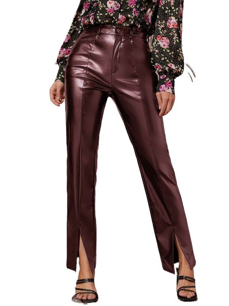 

high waist slit hem pu leather pants u2sr#, Black;white