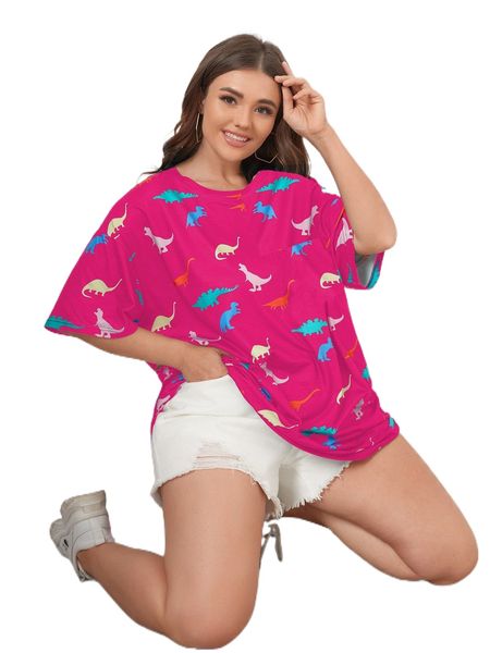 

plus cartoon dinosaur print drop shoulder longline tee y9ca#, Black
