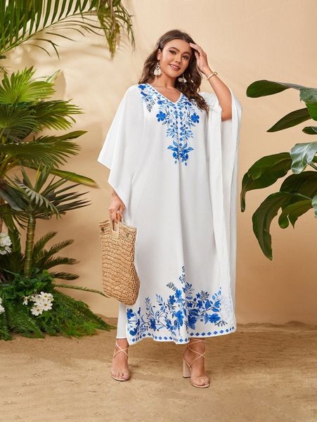 

plus floral print batwing sleeve dress d8of#, Black