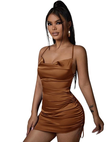 

draped drawstring side lace up backless satin bodycon dress 27nu#, Black;gray