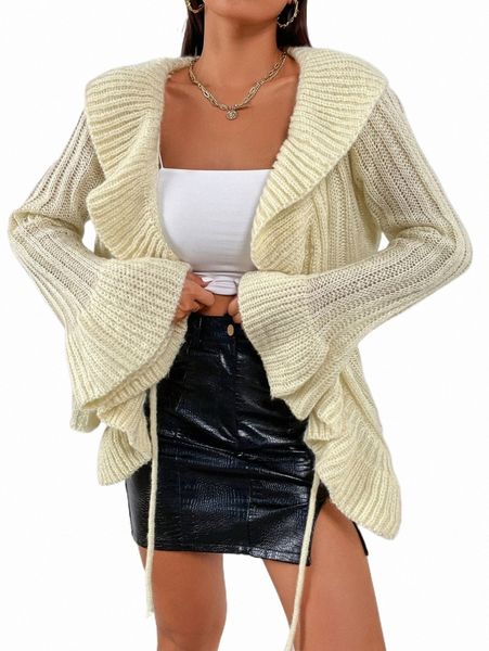 

ruffle trim flounce sleeve knot front cardigan c7n5#, White;black