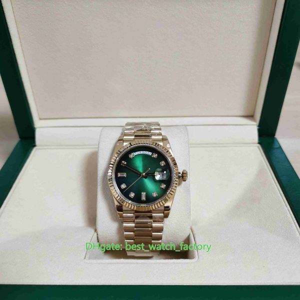 BP Factory Top Quality Relógios Unissex 36mm Day-Date 128238 Mostrador de Diamante Verde 18k Ouro Amarelo Ásia 2813 Movimento Mecânico Relógio Automático Masculino Feminino Relógios de Pulso