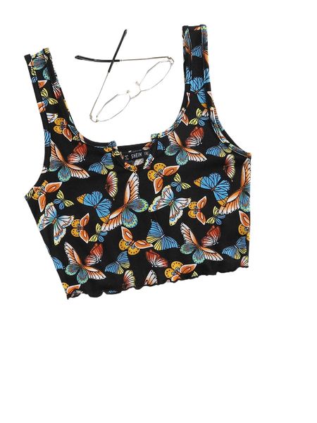 

plus allover butterfly print notched neck lettuce trim tank y72m#, Black