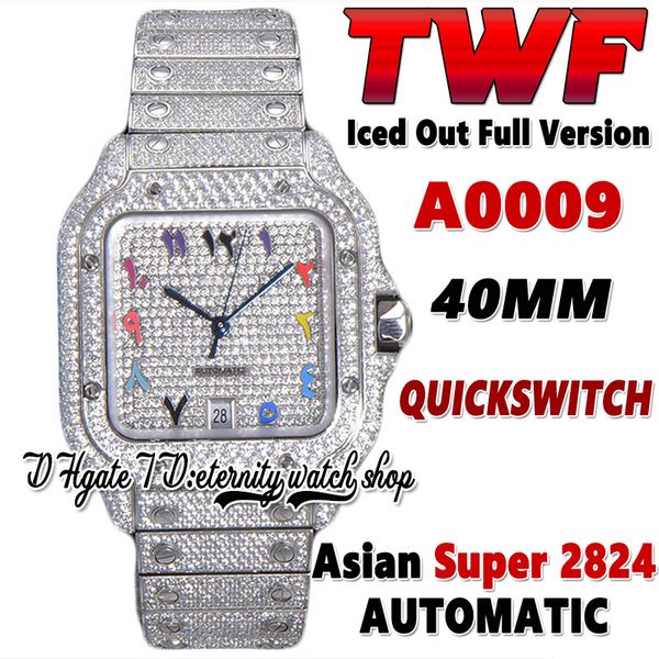 2022 TWF SA0009 Paved Diamonds ETA A2824 Автоматические мужские часы Полностью обледеневшие бриллианты Радужный арабский циферблат Быстрый переключатель Стальной браслет Super Edition часы вечности