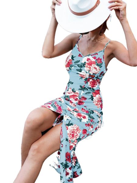 

floral print drawstring front slit hem cami dress r6t7#, Black;gray