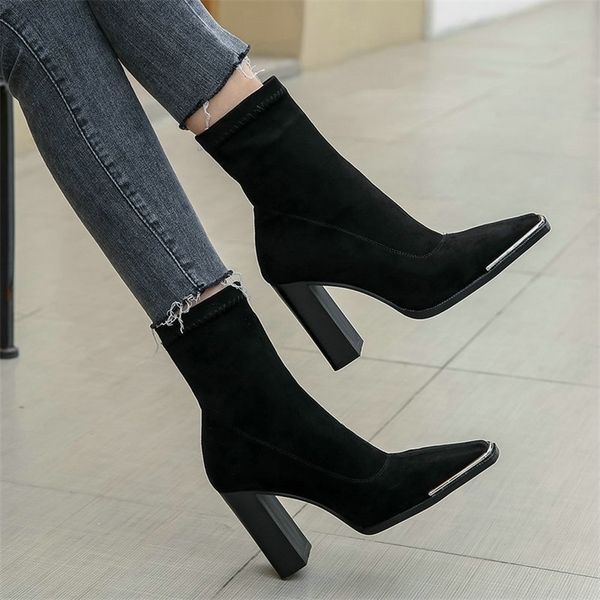 Botas quadradas de meias de dedo do pé para mulher moda sexy bloco de salto alto boots no tornozelo mulheres preto bege cinza botas de inverno novo 201103