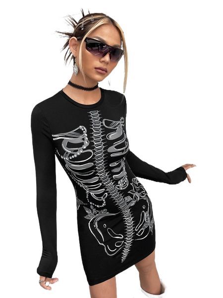 

skeleton print bodycon dress q8iy#, Black;gray