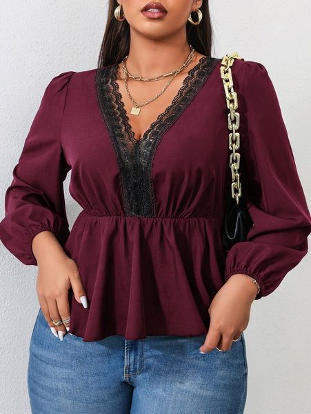 

plus guipure lace trim lantern sleeve peplum blouse v9vf#, Black